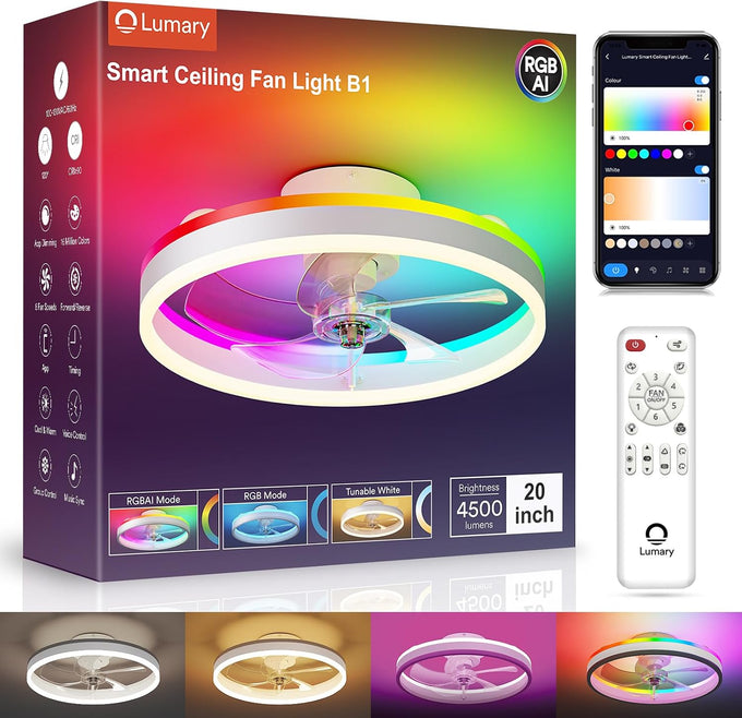 Lumary Smart WiFi Ceiling Fans with Lights, Low Profile Flush Mount White