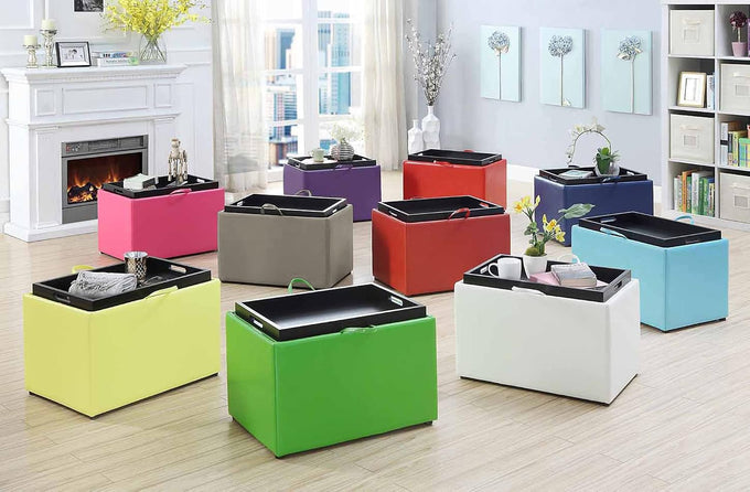 Convenience Concepts Designs4Comfort Accent Storage Ottoman 22.75" - Modern Foot Stool with Decorative Tray for Living Room, Dining Room, Office, Burgundy Faux Leather