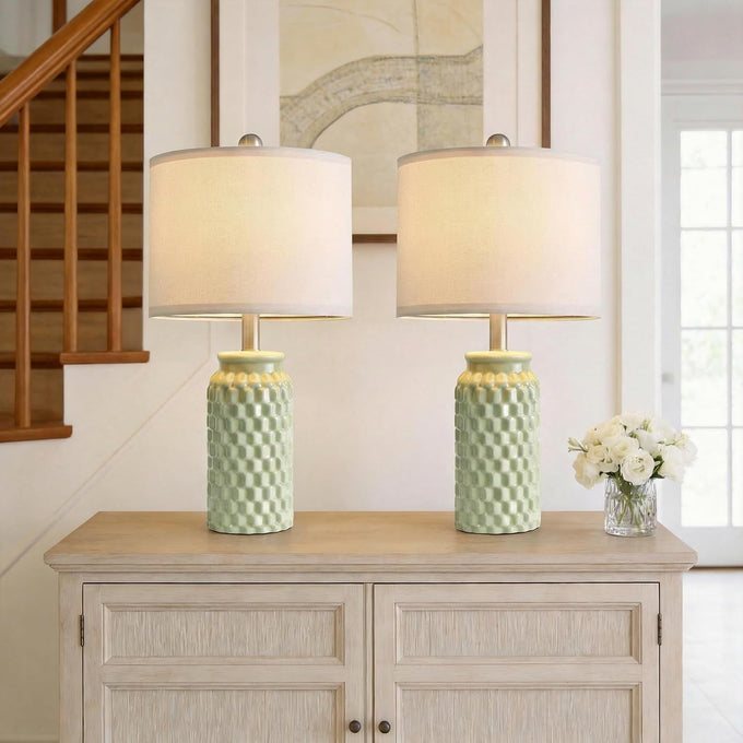 20.5" Small Bedside Lamps Set of 2, Green Ceramic Nightstand Lamp