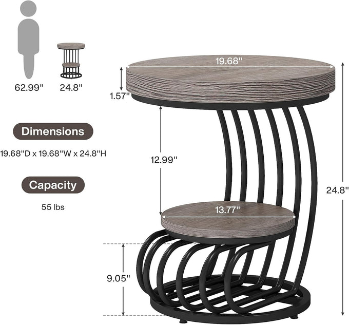 Tribesigns Round End Table, 2-Tier Farmhose Wood Side Table with Shelf Storage, Small Sofa Side Bedside Nightstand, Arc-Shaped Frame Accent Furniture for Living Room, Grey