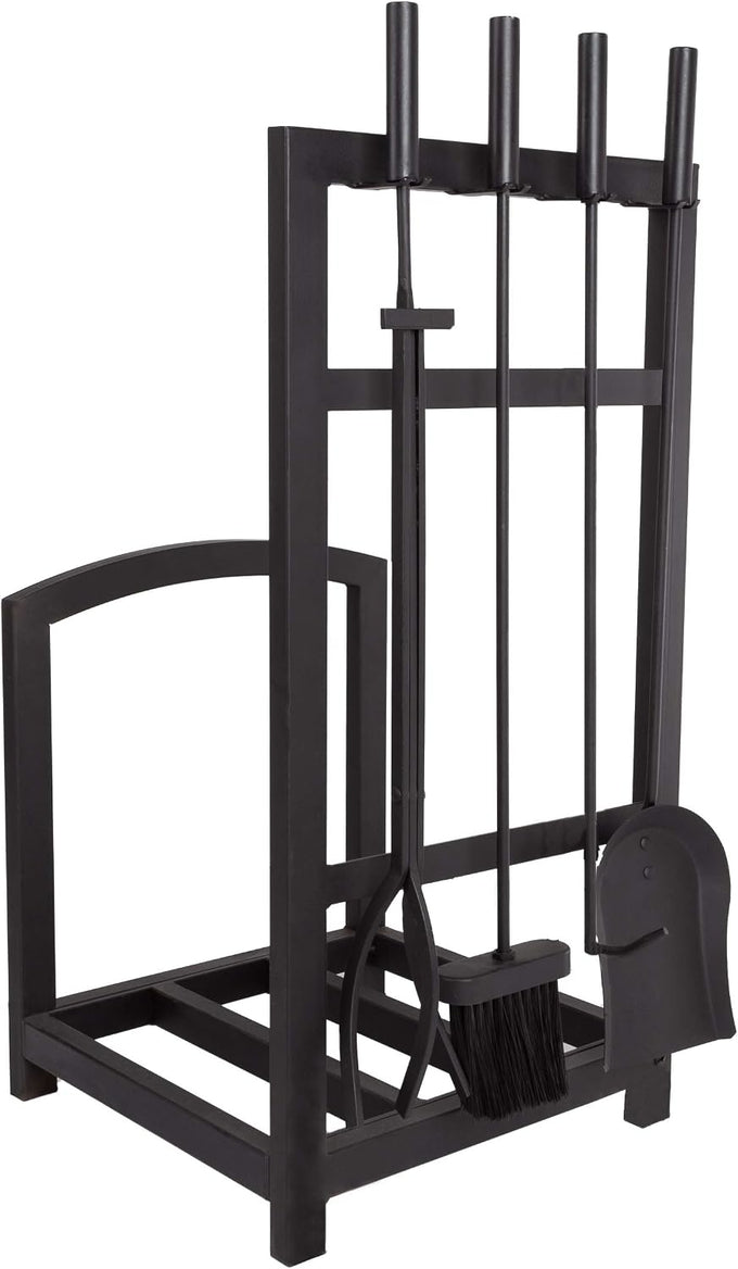 Lavish Home Fireplace Tool Set and Log Rack, Matte Black, 5-Piece-Set