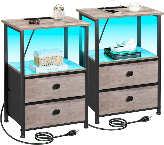 LOAKEKEL Nightstands Set of 2, Night Stand with Charging Station