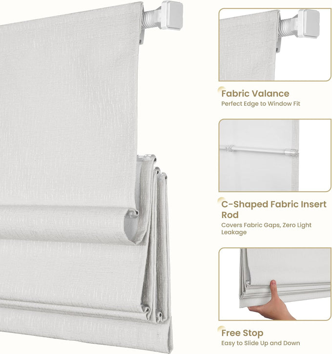 No Tools No Drill Blackout Roman Shades, White, 35" W × 39" H