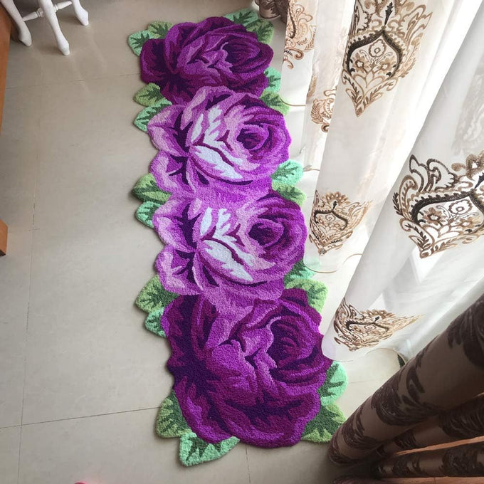 ABREEZE 4 Rose Rug Floor Runner Handmade Rug Purple Floral Mats Anti-Slip(Non-Slip) Modern Carpet Washable Floor Mats for Bedroom/Sofa/Bathroom (4 Roses Runner, Purple)