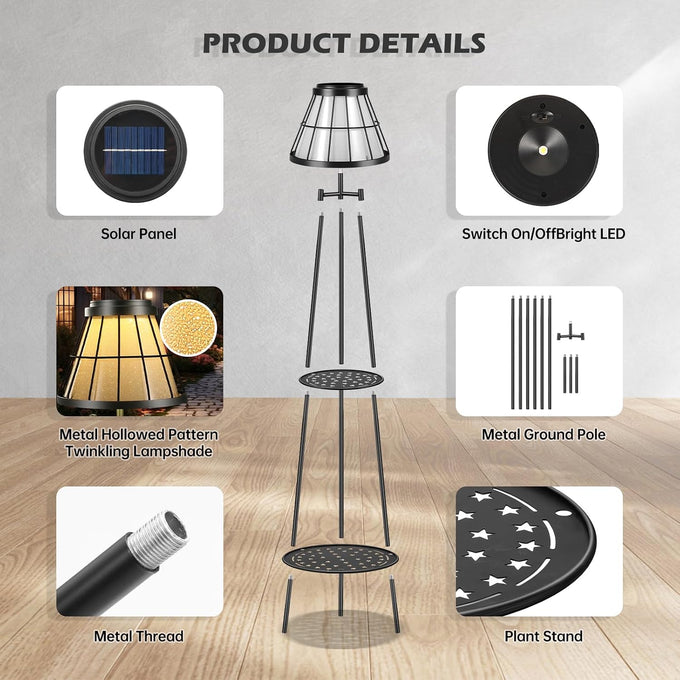 2 Pack Solar Lights with Plant Stands, 45.4'' Waterproof Outdoor Metal Solar Floor Lamps for Patio Deck Yard Pathway Porch Garden