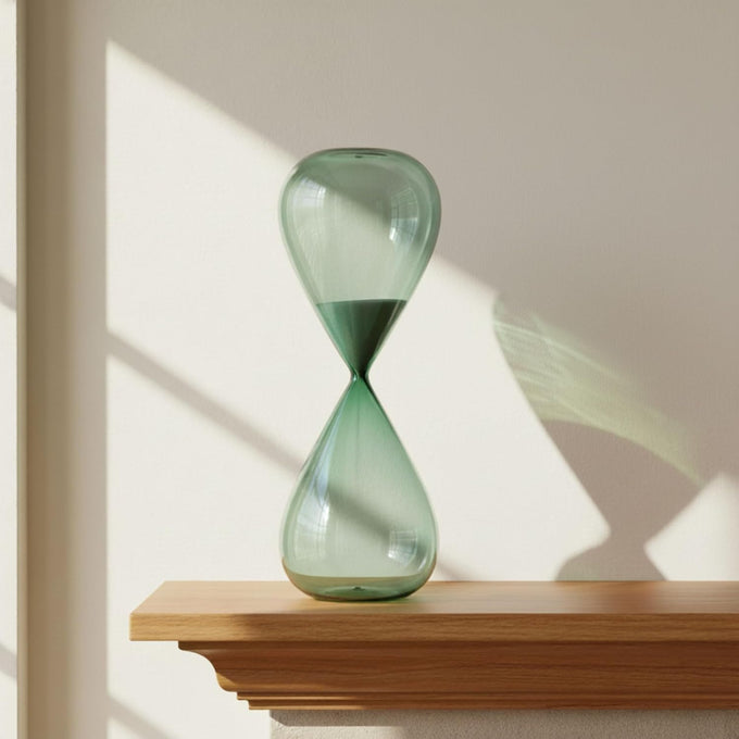 Bombara Teal Hourglass Decorative Object – Small Transparent Glass Sand Timer Modern Home Decor Accent – Shelf & Coffee Table Decor for Office & Living Room – 14", Blue & Green