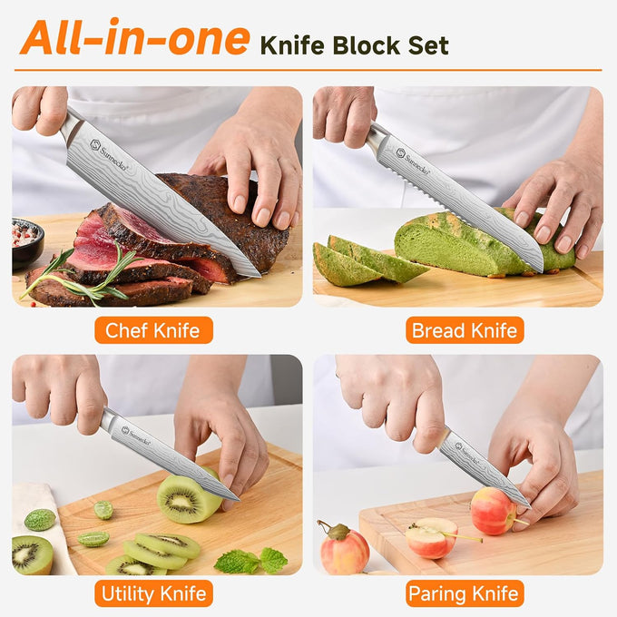 Sunnecko 15-Piece Kitchen Knife Set with Block and Sharpener, White Handle