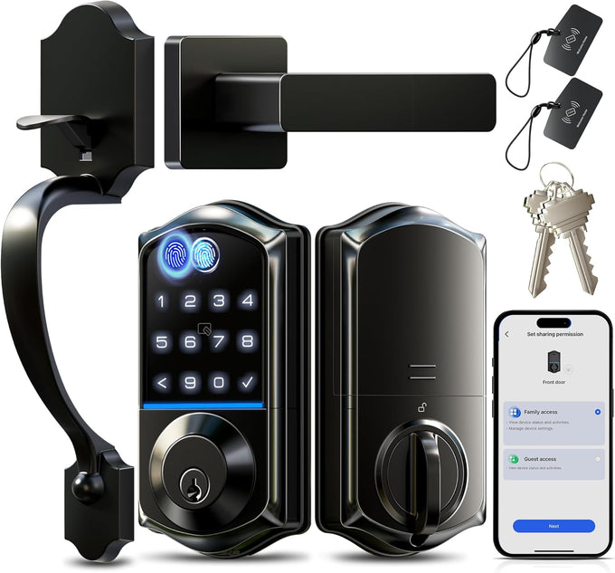 Veise VE017-H 8-in-1 Fingerprint Smart Front Door Lock Set, Matte Black