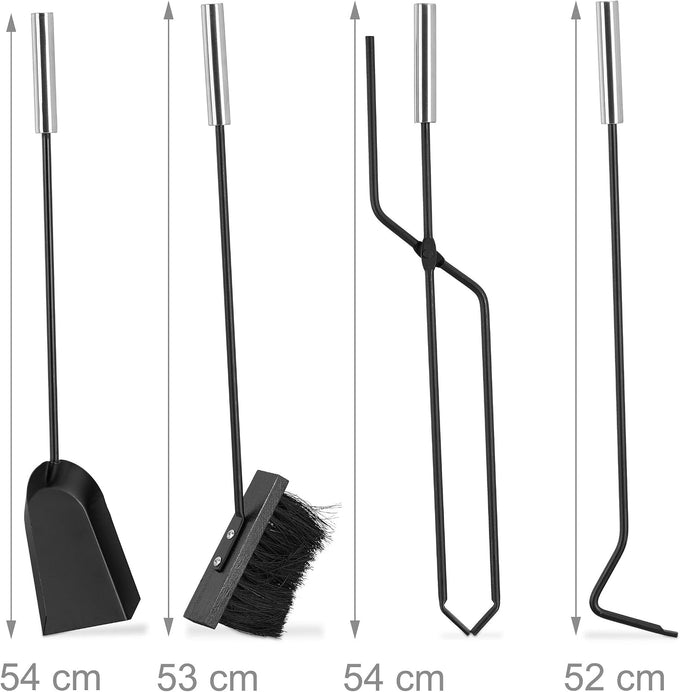 Relaxdays 5-Piece Fireplace Companion Set Cast Iron Utility Accessories, Modern, Stand, Tongs, Shovel, Poker and Broom, Grey, 15 x 23 x 66 cm