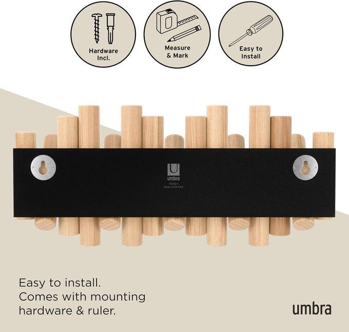 Umbra Picket Coat Rack, Wall Mount 5 Flip-Down Coat Hooks, Natural