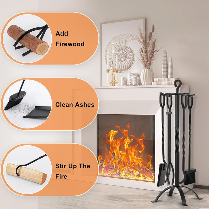Gtongoko 32" Fireplace Tools Set, 5-Piece Solid Wrought Iron with Stand