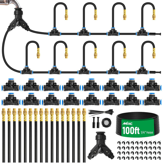 MIXC 200Ft 1/4" Drip Irrigation System,2026-Upgrade Garden Irrigation Kit with 32pcs Adjustable Copper Nozzles, Atomizing Watering System for Outdoor Plants,Raised Bed,Yard,Potted Plant,Lawn