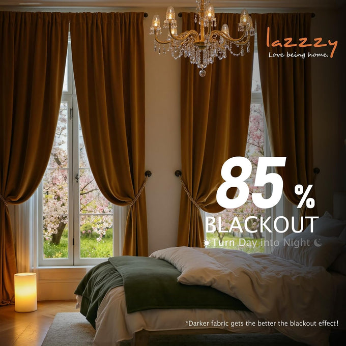 Lazzzy Blackout Golden Brown Velvet Curtains Rod Pocket 52×96 Inch 2 Panels