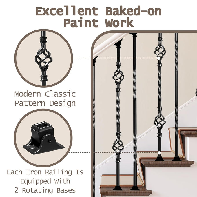 16 Pack Wrought Iron Balusters for Staircase Interior, 1/2" x 44" Hollow Deck Spindles Stair Railing Indoor with 32 Fixed Swivel Shoes, Metal Double Basket Decorative Stair - Matte Black