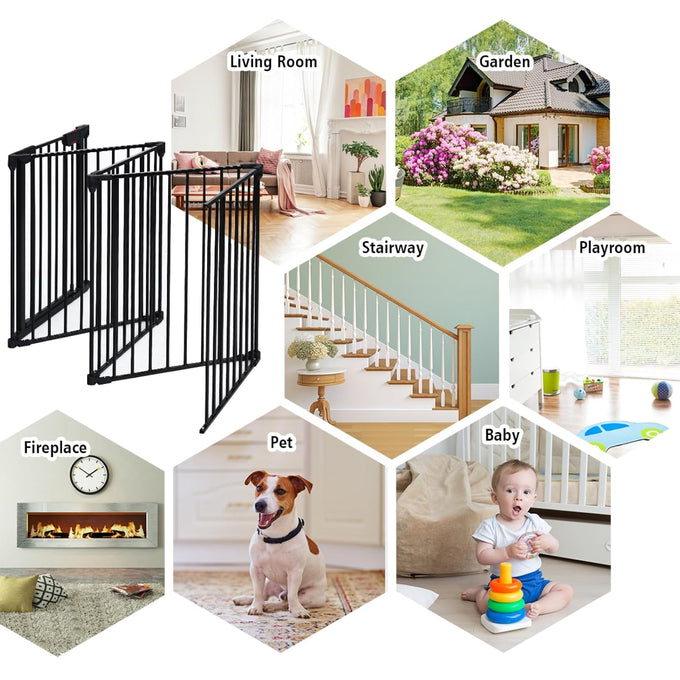 Costzon Baby Safety Gate, 121 Inch Length 5 Panel Adjustable Wide Fireplace Fence, BBQ Metal Fire Screen Gate, Pet Isolation Fence with Walk-Through Door, Freestanding Pets Gate