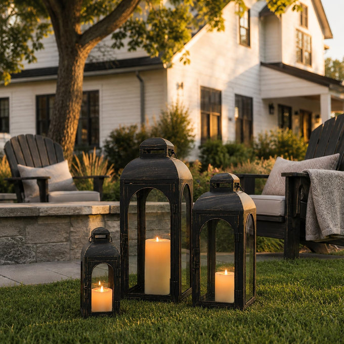 NEEDOMO Lanterns Decorative Indoor&Outdoor,Set of 3 Outdoor Lanterns for Porch, 26" Metal Frame Candle Holders with Glass, Fall, Christmas