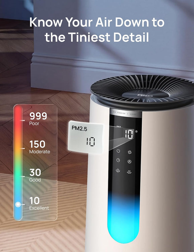 DREO Air Purifier for Home, HEPA Sleep Mode, AHAM VERIFIDE Air Purifiers for Bedroom, Pets, Smoke, Dust, Pollen & Odors, PM2.5 Monitor, Auto & Turbo Mode, 4 Speeds, Scent Diffuser, DR-HAP008(Dreo 338)