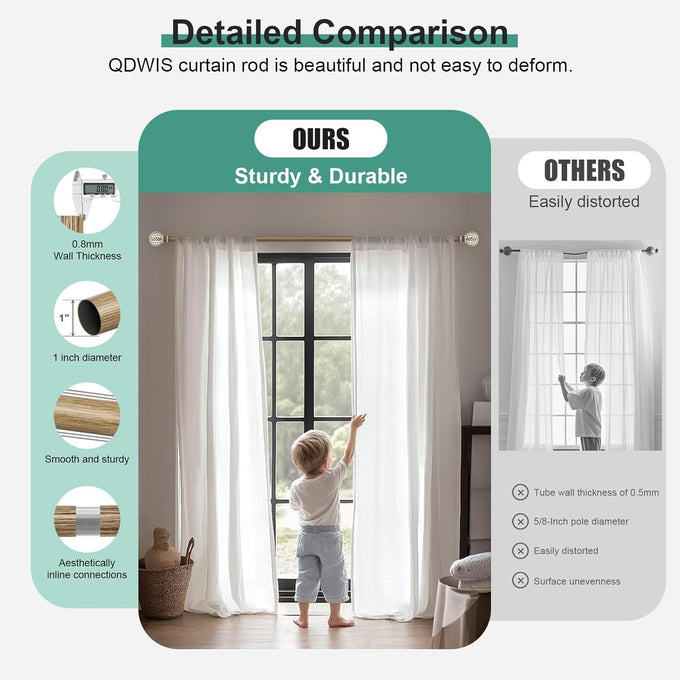 QDWIS 2 Pack Boho Wood Curtain Rods for Windows 48 to 84 inch,1" Adjustable Heavy Duty Window Curtain Rod with Imitation Wood Grain Finials,Rustic Decorative Drapery Rods Set 36-88'',Weathered Wood