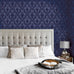 Tempaper Textured Metallic Blue Damsel Removable Peel and Stick Damask Wallpaper, 20.5 in X 16.5 ft, Made in the USA