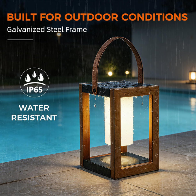 Solar Yard Outdoor Solar Lanterns, Solar Lamp Decorative Outdoor Water-Resistant Steel Table Decor with Handle for Patio, Yard, Porch, Small Woodgrain