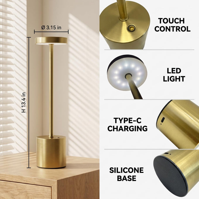 Cordless Table Lamp Set of 2, Gold Rechargeable Table Light