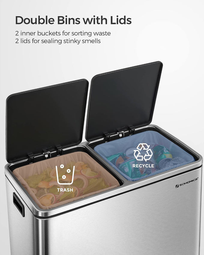 SONGMICS Trash Can, 2 x 8 Gallon (2 x 30 L), Silver and Black