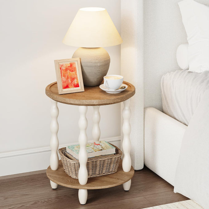karlott Round Side Table, 2-Tier Farmhouse End Tables Living Room, Beige