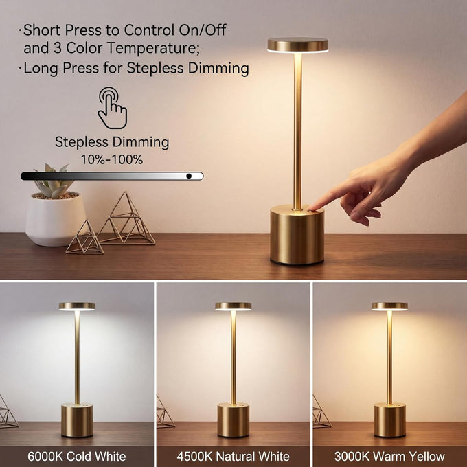 Cordless Table Lamp Set of 2, Gold Rechargeable Table Light