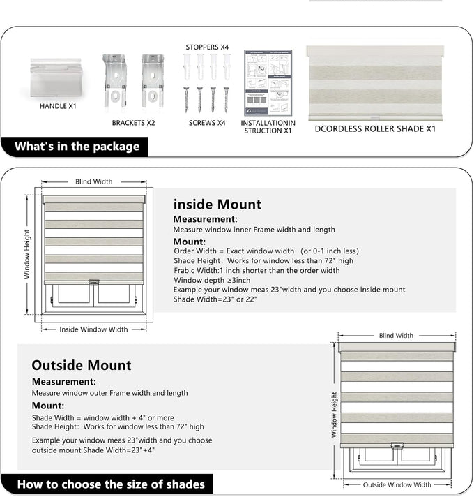 AOSKY Cordless Zebra Blinds for Indoor Windows, 34" W x 72" H, White