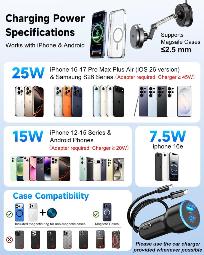 25W for Magsafe Car Mount Charger, Vacuum Magnetic Wireless Car Charger