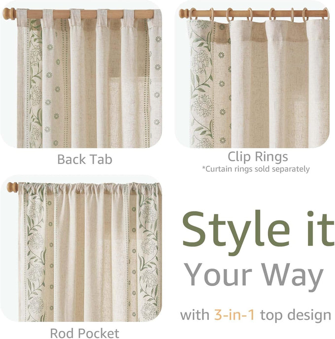 jinchan Sage Floral Linen Curtains for Living Room 84" Back Tab 2 Panels