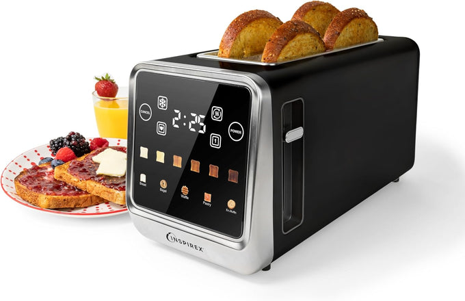 Inspirex Touch Screen Display Smart Toaster, 2 Slice with 8 Bread Type and 7 Browning Modes, Automatic Lowering and Raising, Digital Countdown, Modern Style, Stainless Steel