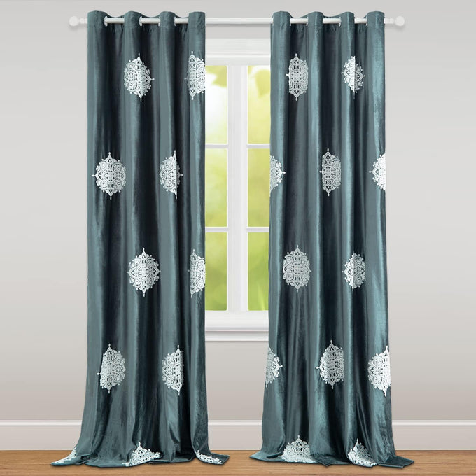 VOGOL 2 Panels Bedroom Curtains, White Flower Embroidery Room Darkening Solid Window Treatment for Living Room (Grommet Top, Grey, 52x84 Inches)