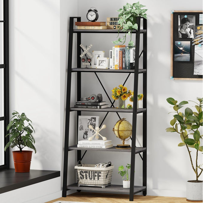 BON AUGURE 5 Tier Ladder Shelf, Leaning Bookshelf, Wood Metal Storage Shelf