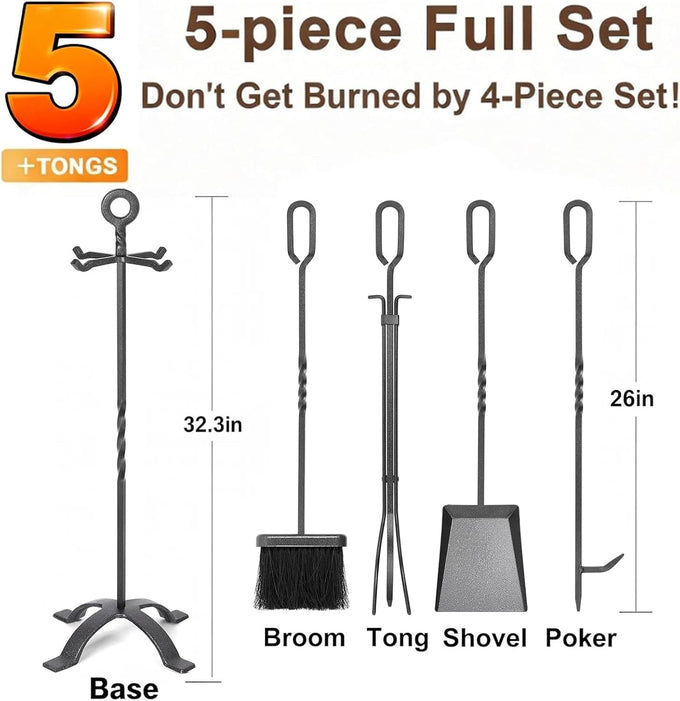 Amagabeli 5 Pieces Fireplace Tools Sets Wrought Iron Indoor Fireplace Set with Poker Tongs Broom Shovel Stand Fire Tools Outdoor Rustic Fire Poker Set Fire Place Hearth Accessories Sets Antique Pewter