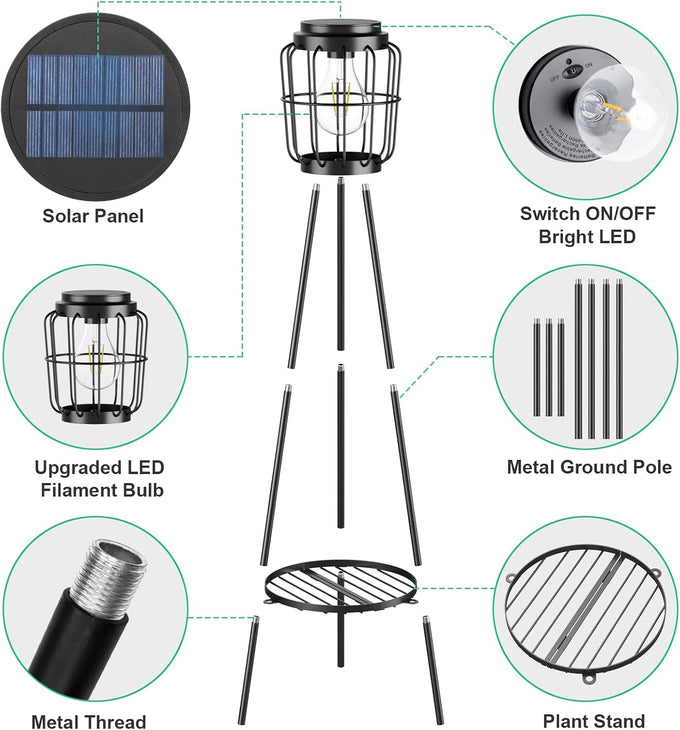 VISFLAIR 2 Pack Solar Lights with Plant Stand, Outdoor Floor Lamp, Waterproof Solar LED Edison Bulb Floor Lamps for Patio Porch Deck Yard Garden Decor