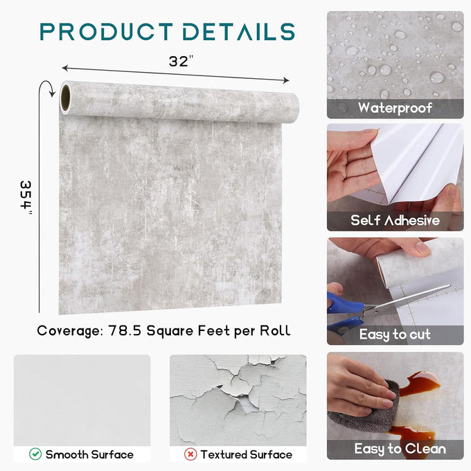 VEELIKE Neutral Concrete Wallpaper Peel and Stick Boho Aesthetic Wallpaper for Bedroom Bathroom 354''x32'' Wide Concrete Contact Paper for Countertops Waterproof Cement Vinyl for Accent Walls Kitchen