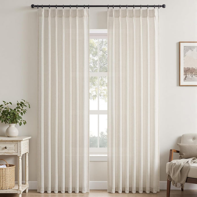 Topfinel 108 Inch Pinch Pleated Curtains 2 Panels,Birch Semi Sheer Curtains with Pleated Hooks Back Tab for Track System,Extra Long 9ft Curtain for Living Room Bedroom,40x108,Natural