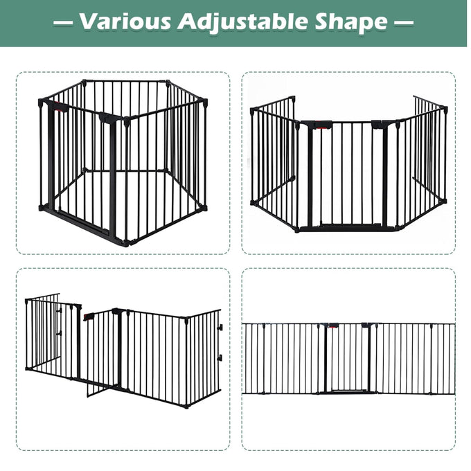 Costzon Baby Safety Gate, 121 Inch Length 5 Panel Adjustable Wide Fireplace Fence, BBQ Metal Fire Screen Gate, Pet Isolation Fence with Walk-Through Door, Freestanding Pets Gate