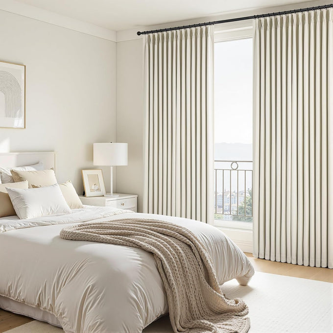 Topfinel 108 Inch Long Pinch Pleated Blackout Curtains for Living Room, Natural Linen Thick Linen Pleat Drapes for French Door Decoration, Cozy Rustic American Window Treatment Cream Beige 52"W*108"L