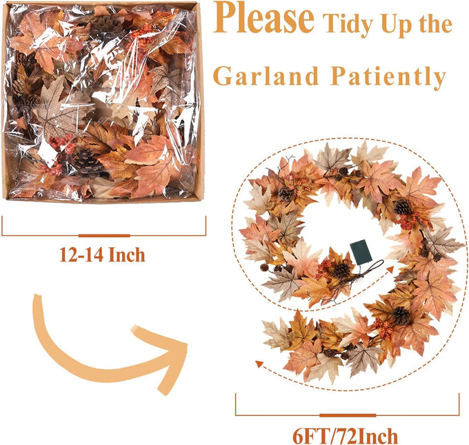 6 FT Lighted Fall Garland with Lights Autumn Automatic ON/Off Timer