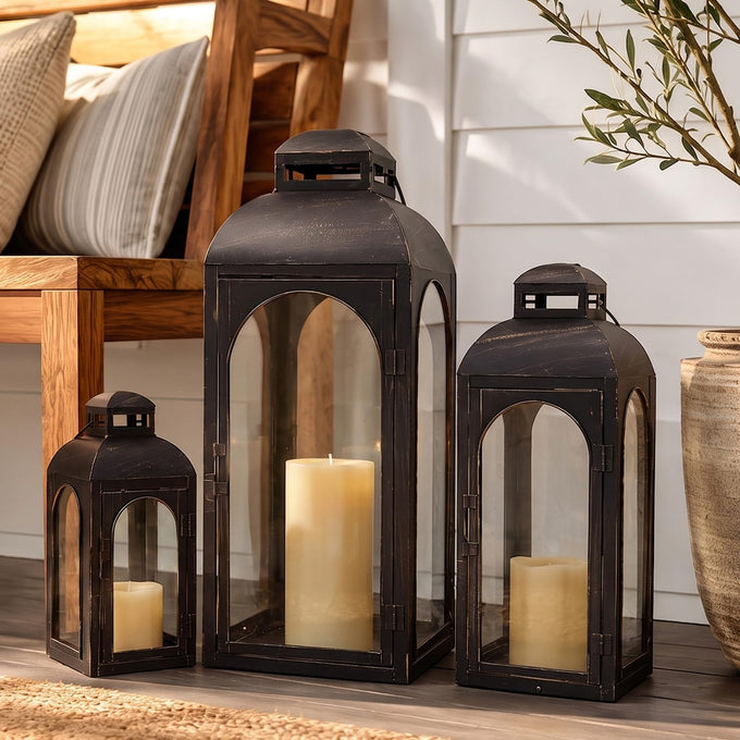 NEEDOMO Lanterns Decorative Indoor&Outdoor,Set of 3 Outdoor Lanterns for Porch, 26" Metal Frame Candle Holders with Glass, Fall, Christmas