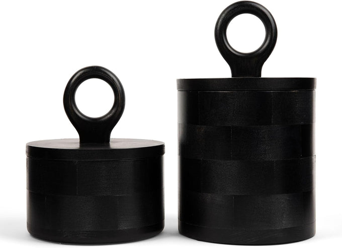 Premium Designer Black Wood Canister with Lids - Set of 2 - Decorative Jars for Kitchen Decor, Dining Room and Pantry