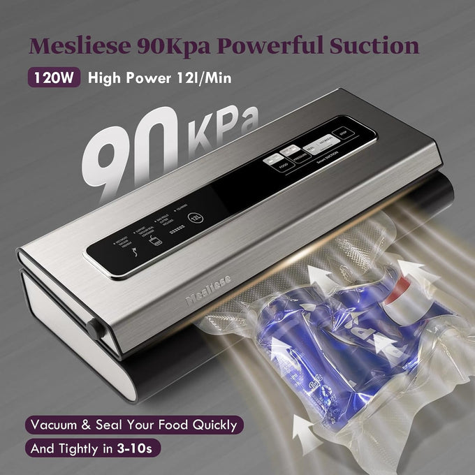 Mesliese 90kPa Vacuum Sealer, Dry/Moist Modes, 2 Bag Rolls & 5 Pre-cut Bags
