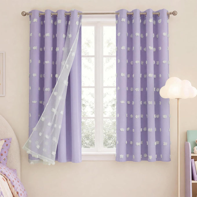 NICETOWN Lavender Purple Pom Pom Curtains, Room Darkening Double Layer Sheer Drapes for Girls Bedroom, Thermal Insulated Window Treatments, W52 x L84, 2 Panels