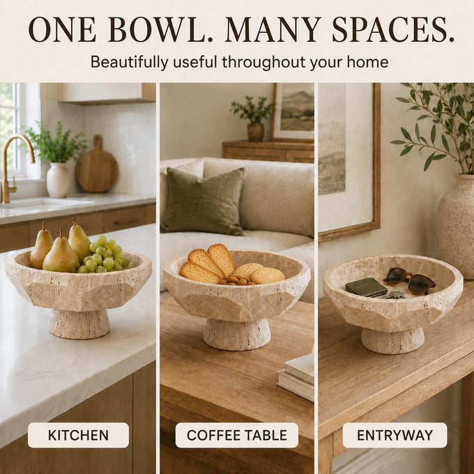 Natural Beige Travertine Pedestal Fruit Bowl, Heavyweight Geometric Diamond Faceted Stone Bowl, Modern Decorative Centerpiece Bowl for Kitchen Counter Island, Entryway Table & Dining Room