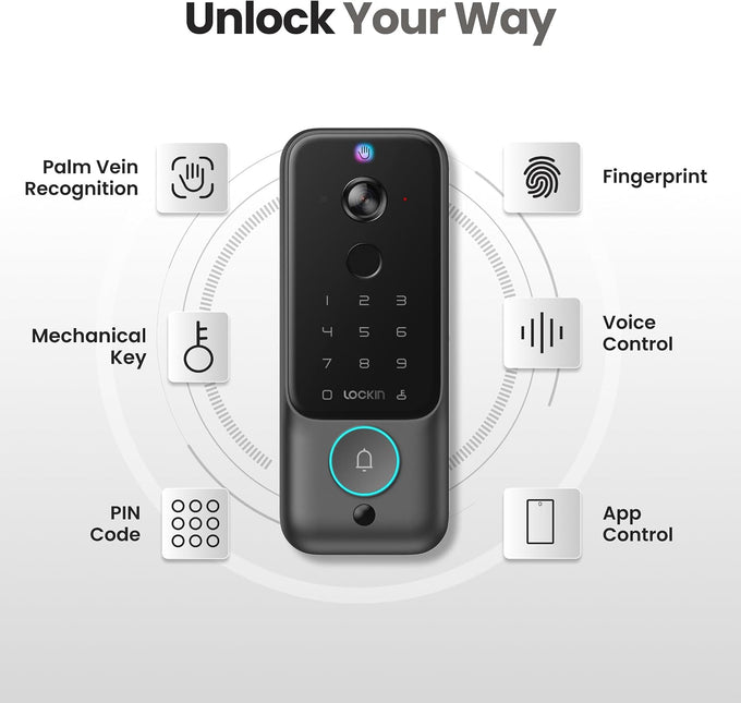 Lockin Veno Plus Smart Lock with Camera, Palm Vein Entry, 2K 180° Video