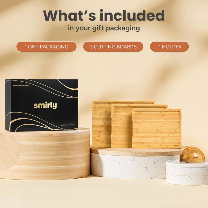 SMIRLY Cutting Boards for Kitchen, 3 Piece Bamboo Cutting Board with Stand