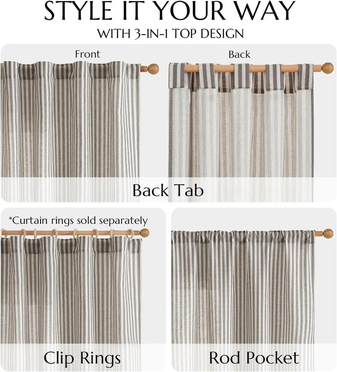 jinchan Linen Curtains 84" Charcoal Grey Stripe on Beige Back Tab 4 Panels