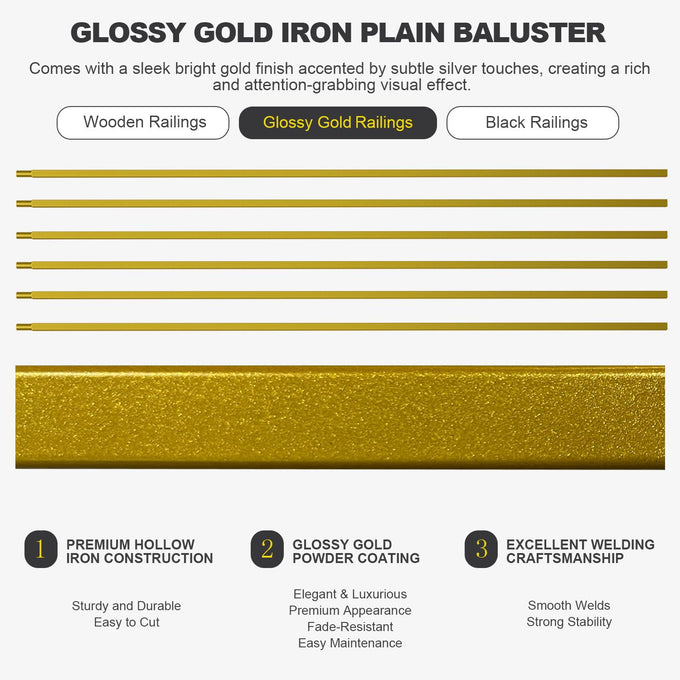 Glossy Gold Wrought Iron Stair Plain Balusters for Interior, 1/2" X 44" Square Metal Spindles for Stairs, Upgrade and Decorate Stairs (10)